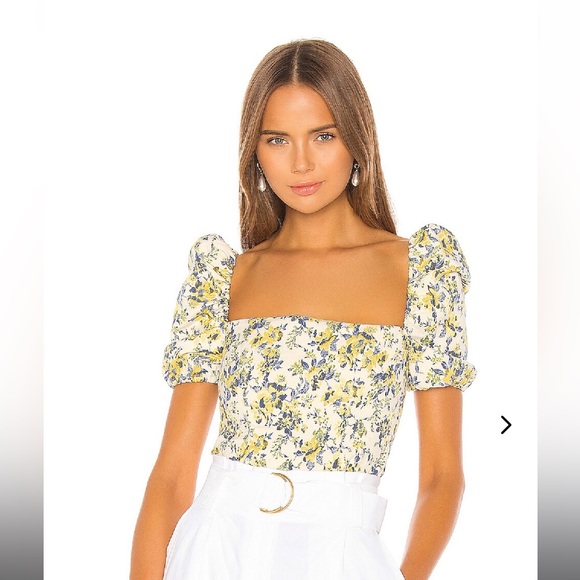 Lovers + Friends Tops - Lovers + Friends Yellow and Green Puff Sleeve Blouse